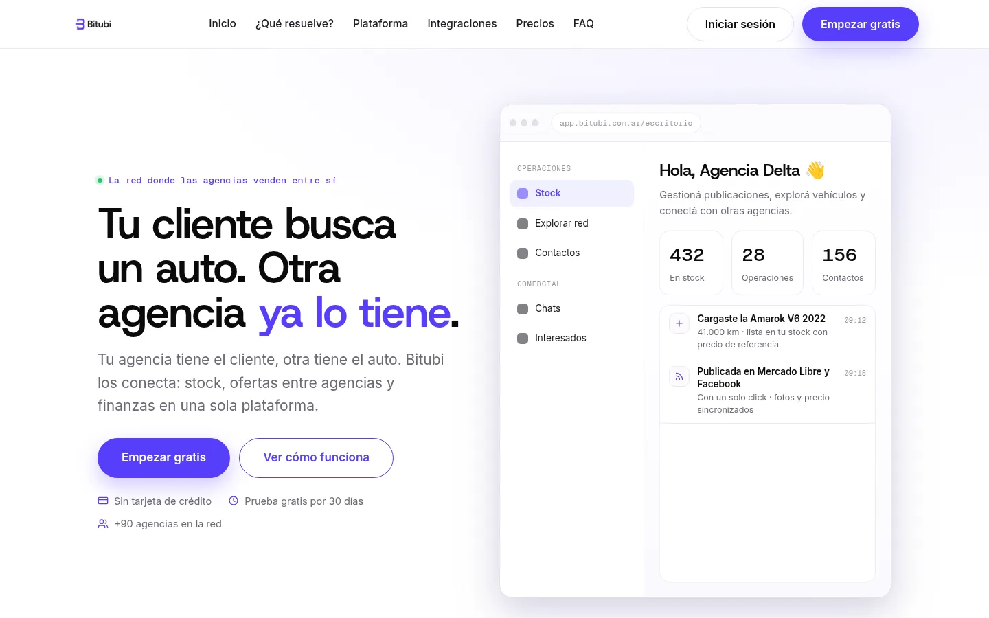 The Bitubi home page: “Tu cliente busca un auto. Otra agencia ya lo tiene.” next to a preview of the agency dashboard.